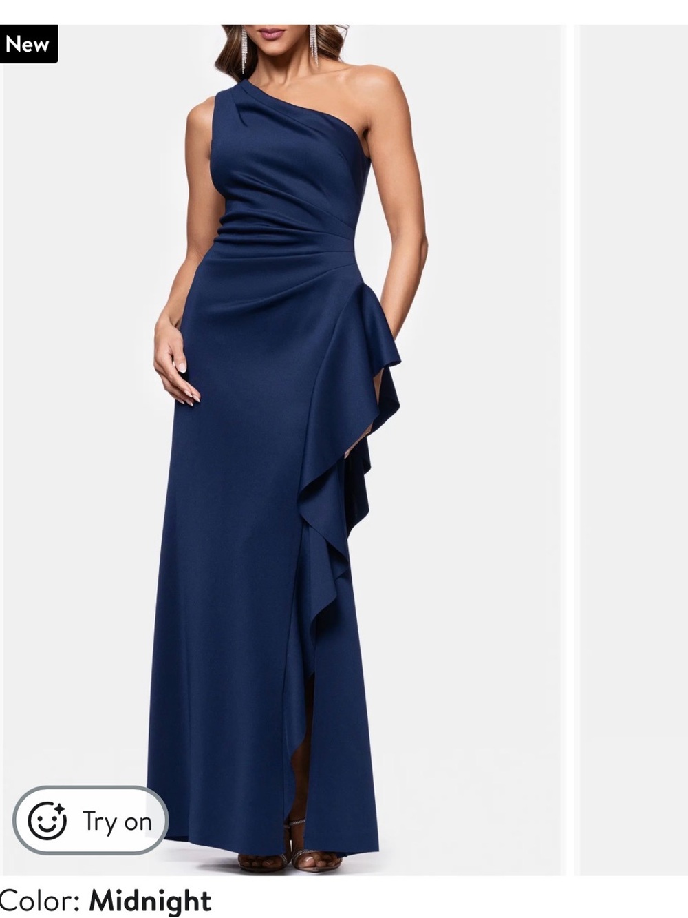 Xscape Navy One-Shoulder Ruffle Gown